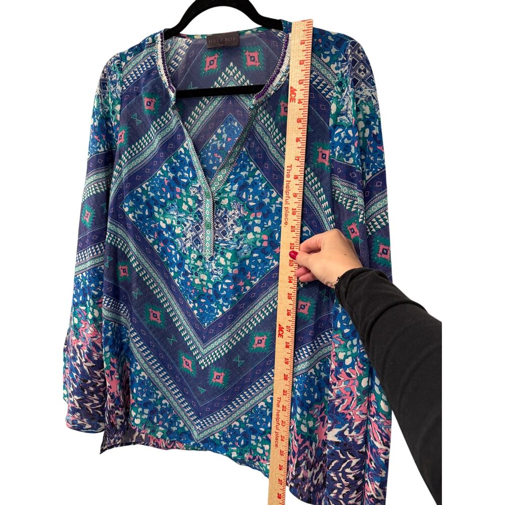 Hale Bob S Beaded Silk Flowy Tunic Top $278 Button Collar Boho Blouse Blue - Picture 7 of 9